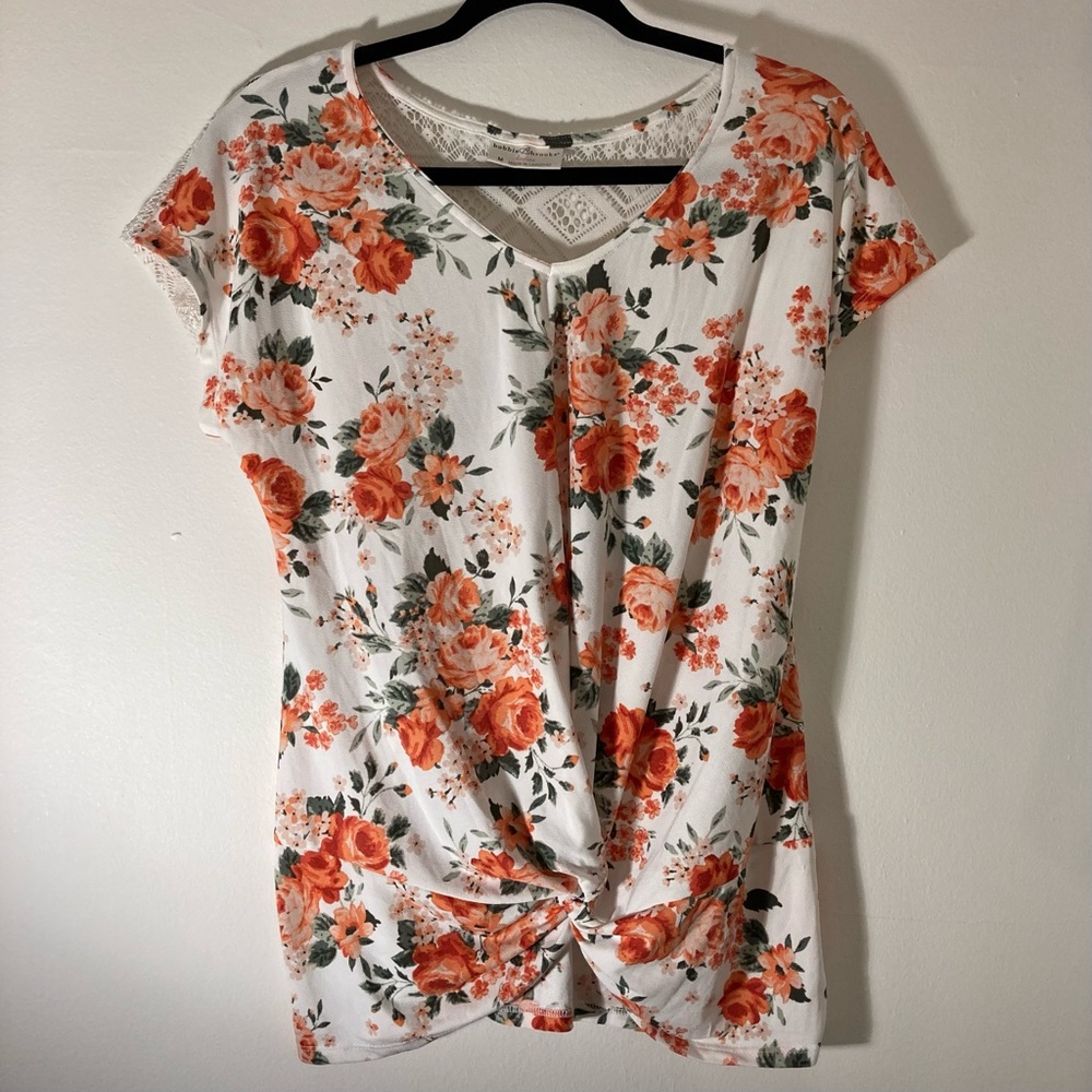 Bobby Brooks Ladies Top White with Roses and Crochet Lace Upper Back Medium EUC